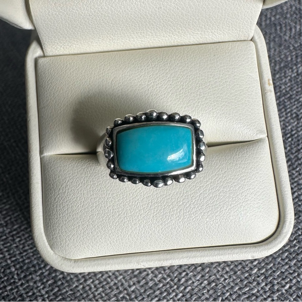 Vintage Sterling Silver 925 Thailand Rectangle Turquoise Stone Ring Sz 7.5